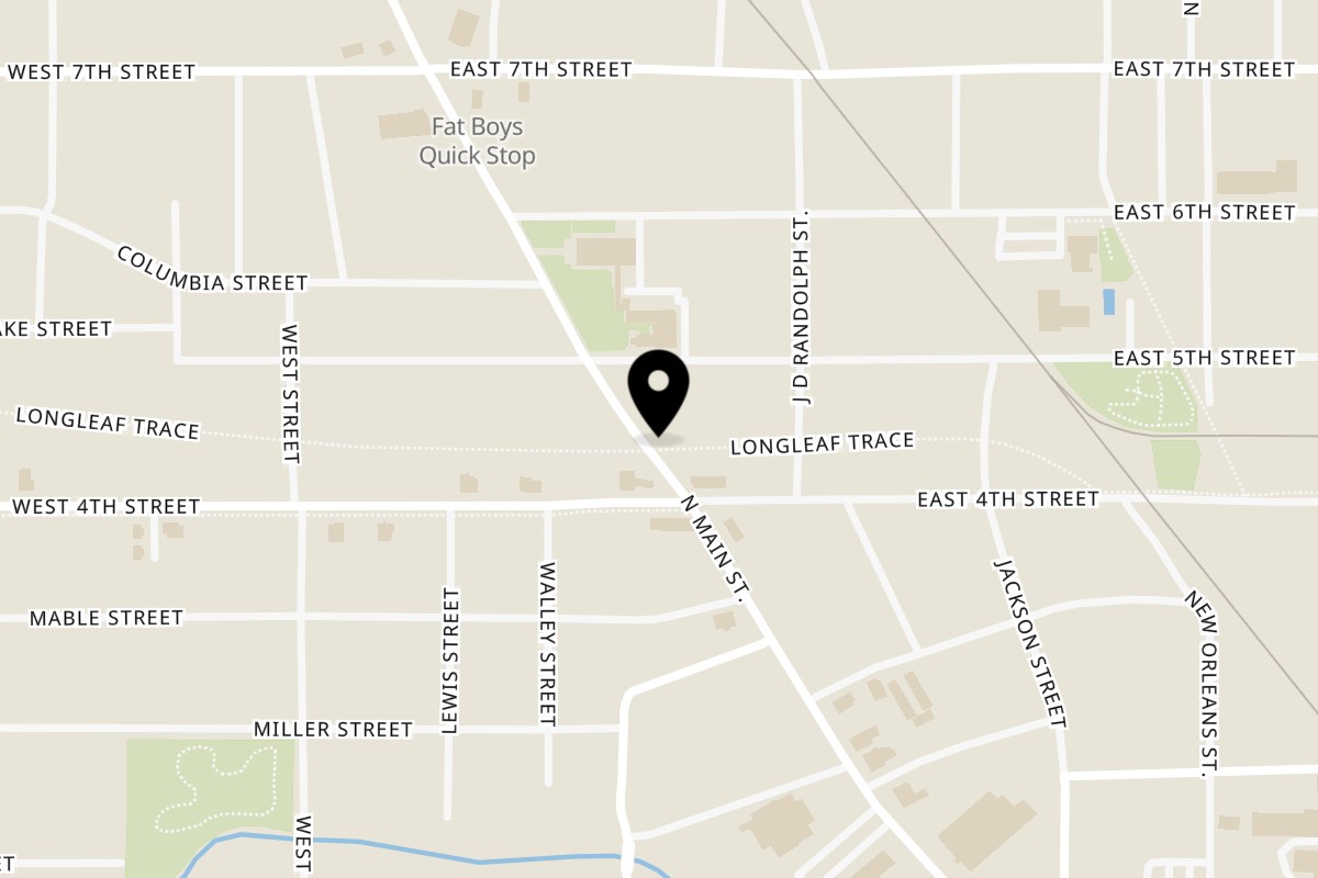 Map showing the location of Jamba Jollof on 1015 Main St in Hattiesburg
